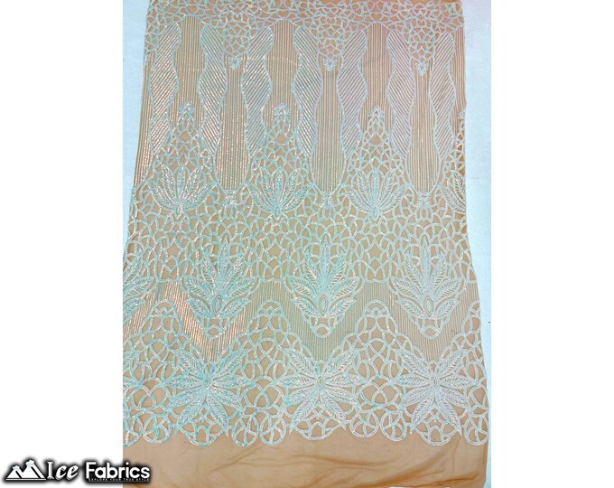 Iridescent Baby Blue on Skin Mesh 4 Way Stretch Sequin fabric by the yard | Embroidery Lace Fabric On Mesh Spandex Sequin Fabric