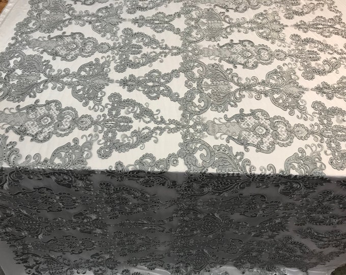 Silver Design Embroidered Mesh Lace Fabric By the Yard For Wedding/Prom Dresses/ Decorations/ Tablecloths/ Runners /Skirts/ Night Gowns