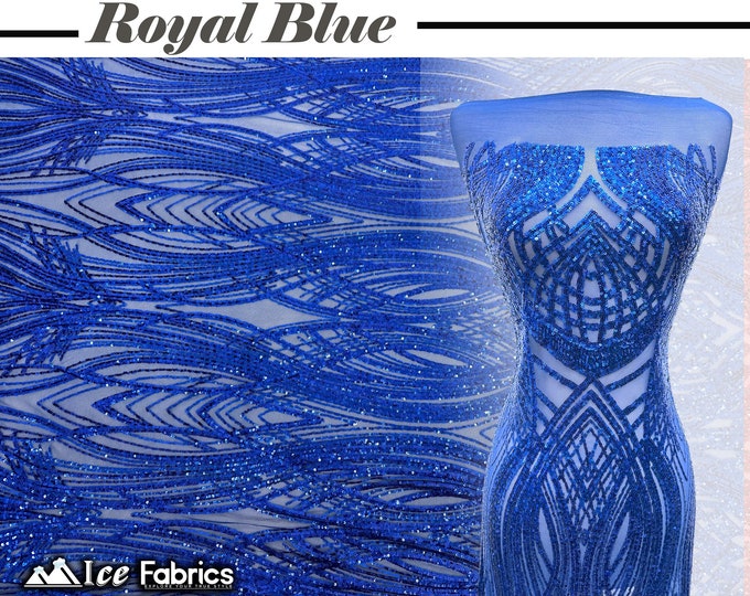 Peacock Royal Blue 4 Way Stretch Sequins Fabric  By The Yard  Royal Blue Mesh nylon Spandex Fabric | With Embroidery Sequin Lace