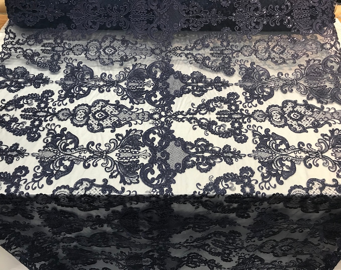 Navy Blue Design Embroidered Mesh Lace Fabric By the Yard For Wedding/Prom Dresses/ Decorations/ Tablecloths/ Runners /Skirts/ Night Gowns