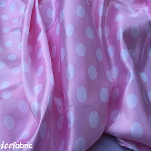 White on Pink 1/2 Inch Silky Polka Dot Satin Fabric By The Yard | 60’’ Wide Silk Charmeuse Satin Fabric with Polka White Dots Print