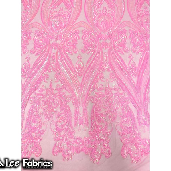 Damask Baby Pink Stretch Sequin Fabric | By The Yard | Embroidered Lace Fabric on Spandex Mesh Fabric | for Dresses, decorations