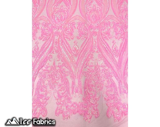 Damask Baby Pink Stretch Sequin Fabric | By The Yard | Embroidered Lace Fabric on Spandex Mesh Fabric | for Dresses, decorations