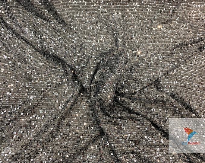 GREY_ Elegant French 2 Way Stretch Mesh Sequins Fabric By The Yard// 54" Wide Glitz/Knit Sequins// All Over Sequins Horizontal Stretch Mesh/