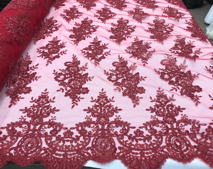 Burgundy modern flower design embroider on a mesh with sequins and metallic cord-prom-nightgown-decorations-sold by the yard.