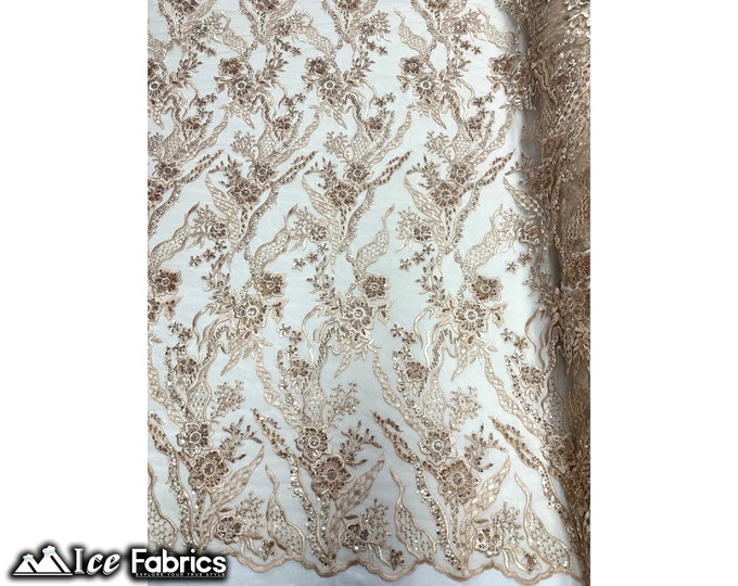 Floral Champagne Beaded Fabric By The Yard | Embroidery Sequin Fabric On Mesh Fabric for Dresses