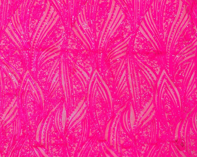 Neon Pink Damask Stretch Sequin Fabric By The Yards (MT) Embroidery Sequin Mesh Fabric Prom Dress Fabric