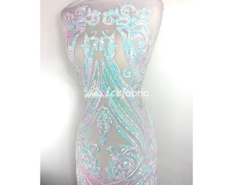 Iridescent White, Blue Sequin Fabric By The Yard - Geometric Embroidered Fabric with 4 Way Stretch Power Mesh Fabric - Spandex Lace