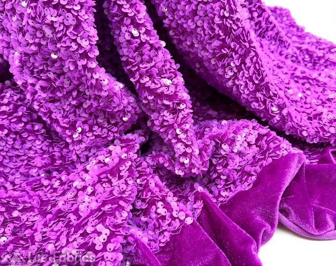 Luxury Stretch Velvet Sequin Fabric Dark Lavender on Lavender Velvet By The Yard | Full All Over Sequin ( 5mm) on stretch Velvet Fabric