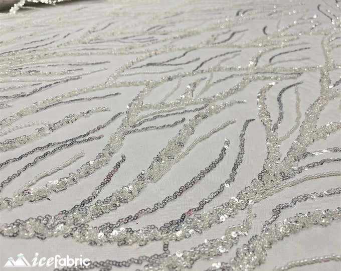 Ivory Handmade Heavy Beaded Fabric By The Yard | 52’’ Wide | Handmade Embroidery Beaded Lace Fabric with Sequin