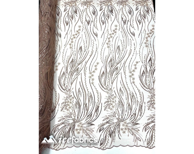Rose Floral Beaded Fabric By The Yard | Champagne Handmade Flower Embroidery Lace Fabric | Wedding Dress, Prom Dress