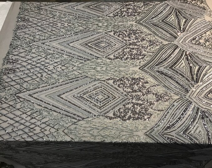 Full Sequins Geometric 4 way Stretch Fabric on mesh lace by the yard(light Gray)used for Fashion apparel,wedding prom dress,tablecloths,veil