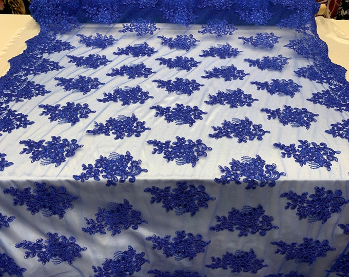 Embroidered Mesh lace Floral Design (Royal Blue) Fabric With Sequins By The Yard. For Tablecloths/Runners/Skirts/Costume/Dresses/ Decoration