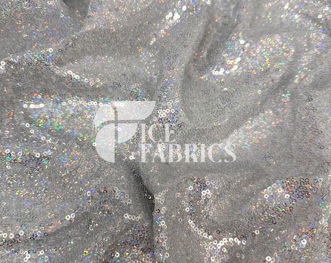 Silver Iridescent All-Over Mesh Sequins Fabric by The Yard - 48" Wide Shiny 3mm Mini Sequin Fabric on Mesh for Apparel & Decor - Ice Fabrics