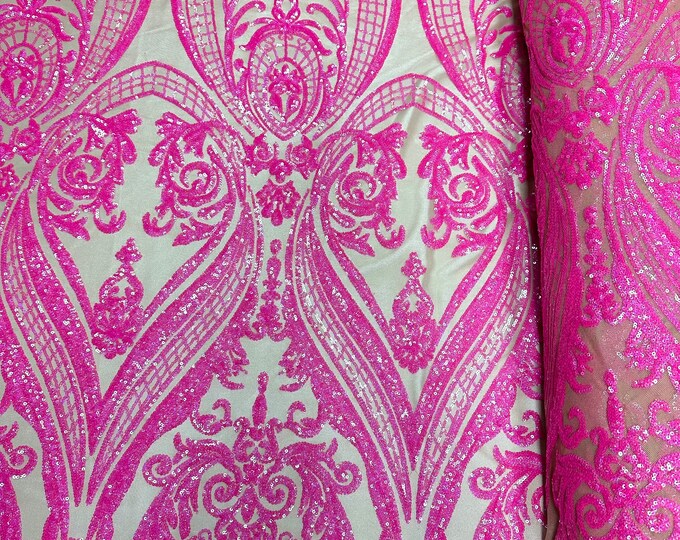 Iridescent Neon Pink Sequin Fabric By The Yard - Geometric Embroidered Fabric with 4 Way Stretch Power Mesh Fabric - Nude Mesh