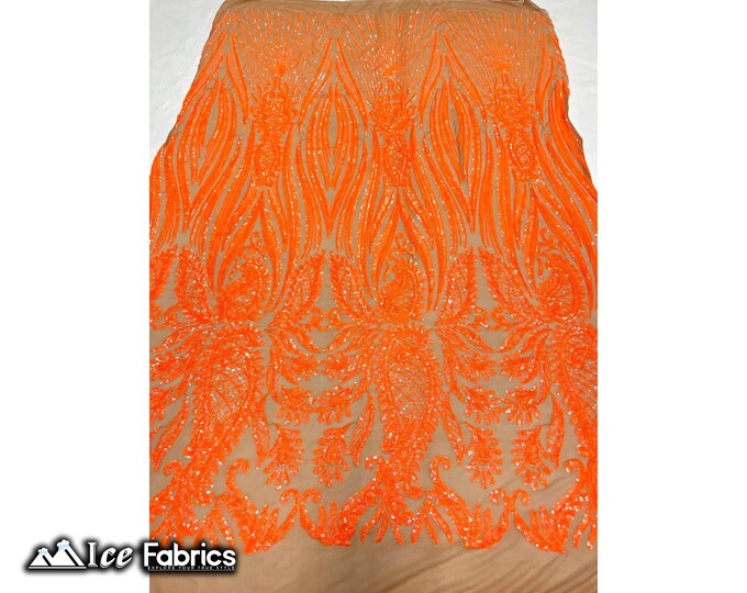 Loyalty Iridescent Neon Orange on Nude Sequin Fabric By The Yard | Lace Embroidery Fabric | Sequin Lace on 4 Way Stretch Mesh