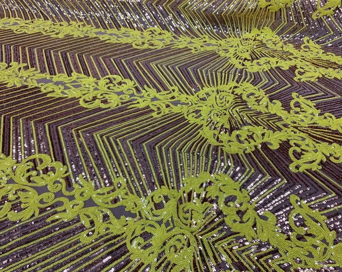 Yellow_ Embroidered 4 Way Stretch Spandex Sequins ON Nude Mesh Lace Fabric By The Yard(Yellow,DK Gold) Fashion Designer Wedding Fabric
