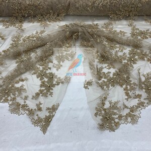 FLORAL Lace Embroidered Fabric_ Champagne Bridal Beaded Mesh Lace Fabric By The Yard//Flowers Fabric With Beads And Diamond For Prom Dress