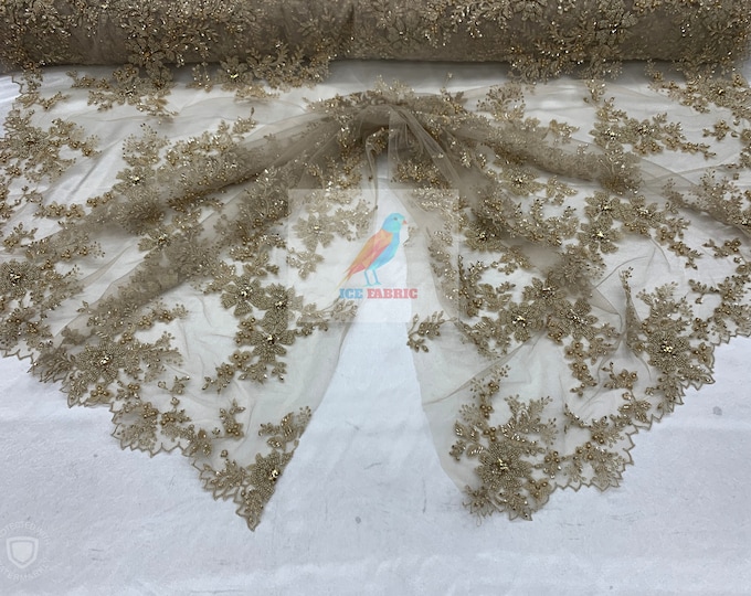 FLORAL Lace Embroidered Fabric_ Champagne Bridal Beaded Mesh Lace Fabric By The Yard//Flowers Fabric With Beads And Diamond For Prom Dress