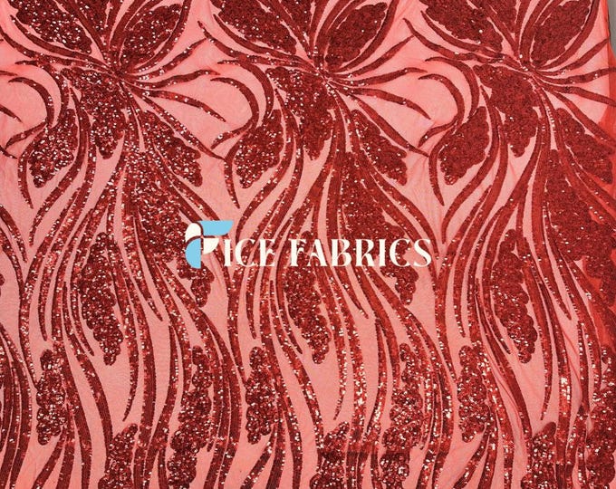 Elegant Feather Red Sequin Fabric By The Yard Stretch Mesh Spandex Fabric Sequin Mesh Fabric Wedding Dress, Prom Dress