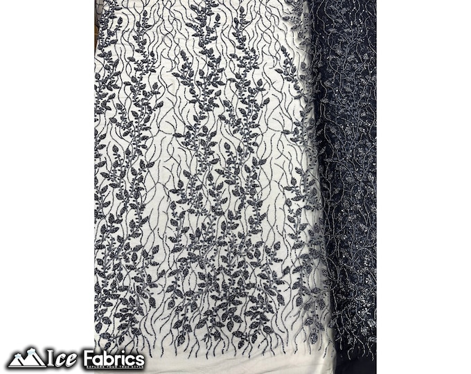 Navy Blue Beaded Embroidered Fabric By The Yard Floral Flowers Sequin Handmade Lace Fabric on mesh Fabric