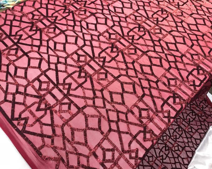 Burgundy Sequins 4 Way Stretch On A Mesh Lace Embroidery Fabric Geometric Design For Tablecloths/Dresses/Night gowns/ Runners