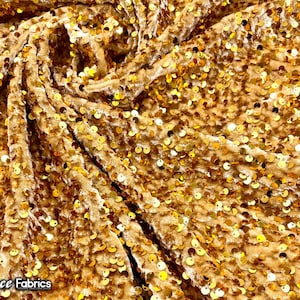 Emma 2 Way Stretch Velvet Sequin Fabric By The Yard | Embroidery Sequin On Spandex Velvet | Gold | 60” Wide