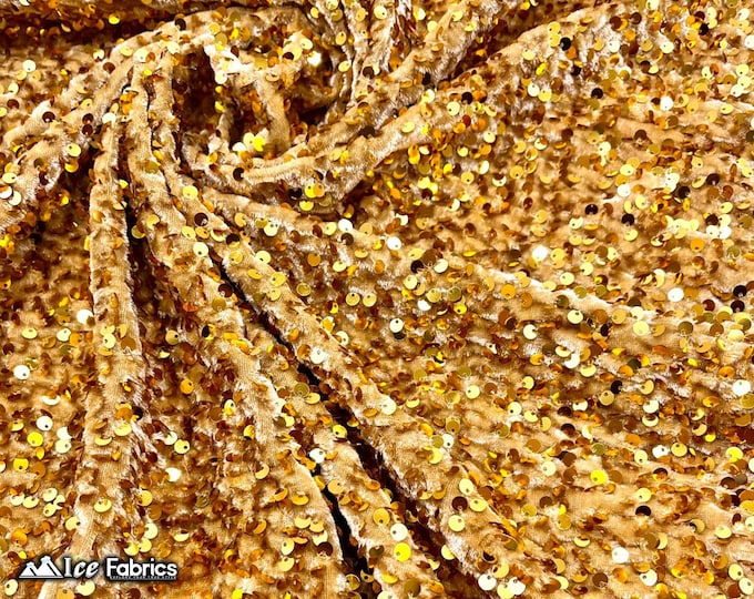 Emma 2 Way Stretch Velvet Sequin Fabric By The Yard | Embroidery Sequin On Spandex Velvet | Gold | 60” Wide