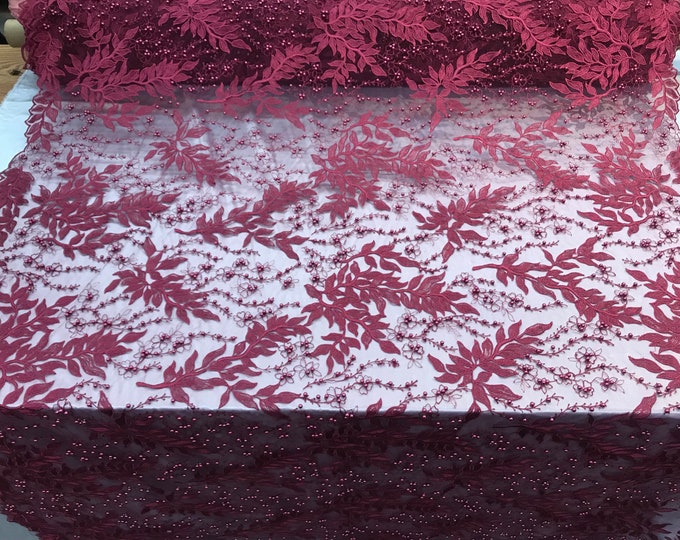 Burgundy Design Beaded Fabric,Lace Fabric By The Yard-Embroider Beaded For Bridal-Floral Mesh Dress Lace Prom-Nightgown skirts runners