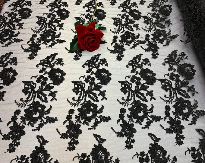 2 WAY Stretch FLOWERS/Mesh Lace Fabric By Yard/Black Lace/ Embroidered Lace/Floral Lace/For Tablecloths/ Runners/Costumes/Dress/Skirts
