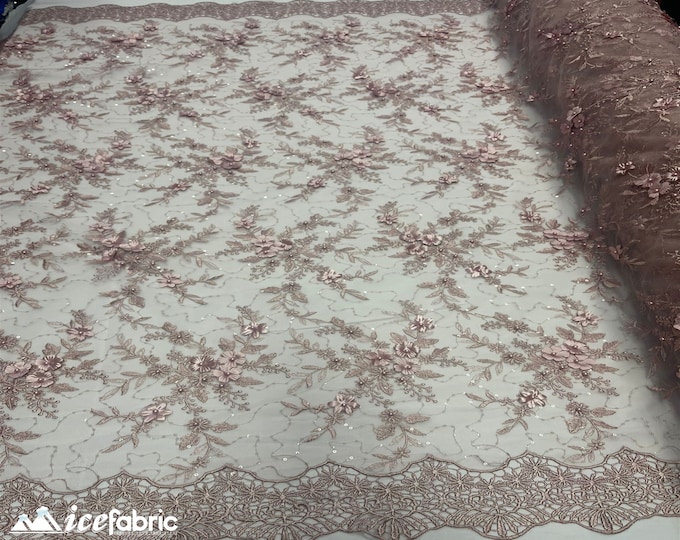 Fashion 3D Flowers Floral Lace Fabric By The Yard | Dusty Rose Embroidery Beaded Fabric with Sequin on Mesh