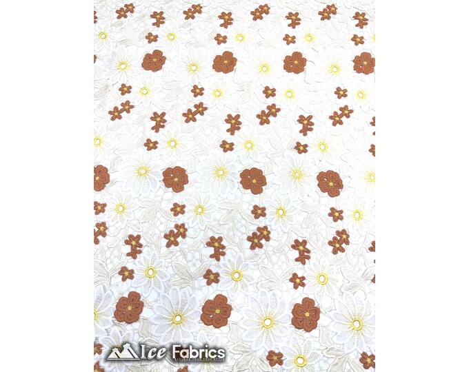 Rust Floral Guipure Lace Fabric By The Yard | Bridal Veil Gowns Fabric | Scallop Embroidered Fabric
