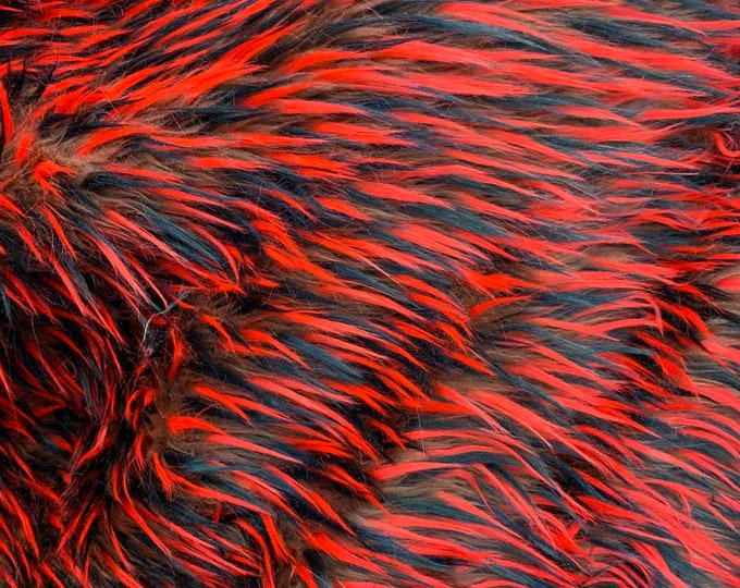 Brown,Red,Black_ 3 Tone Long Pile Faux Fake Fur 60'' Wide Fabric By The Yard // Animal Fur Coats, Fur Clothing, Blankets, Bed Spreads.