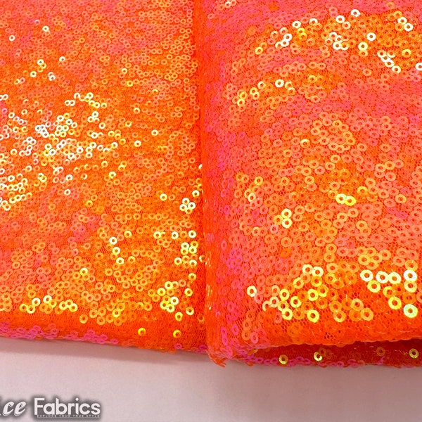Luxury Iridescent Neon Orange Mini Sequin Fabric By The Yard on Mesh Fabric | Glitter Sequin Fabric | 3mm Sequin Fabric