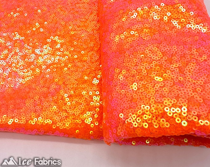 Luxury Iridescent Neon Orange Mini Sequin Fabric By The Yard on Mesh Fabric | Glitter Sequin Fabric | 3mm Sequin Fabric