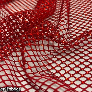Iridescent Rhinestones Fabric On White Stretch Net Fabric, Spandex Fish Net  with Crystal Stones sold by the yard