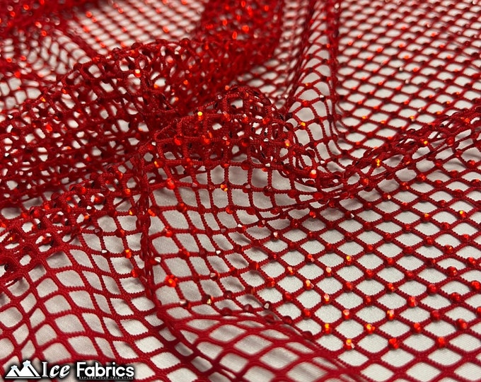 Red Crystal 4 Way Stretch Beaded Fabric on Fish net Fabric By The Yard | Spandex Lace with Handmade Beads