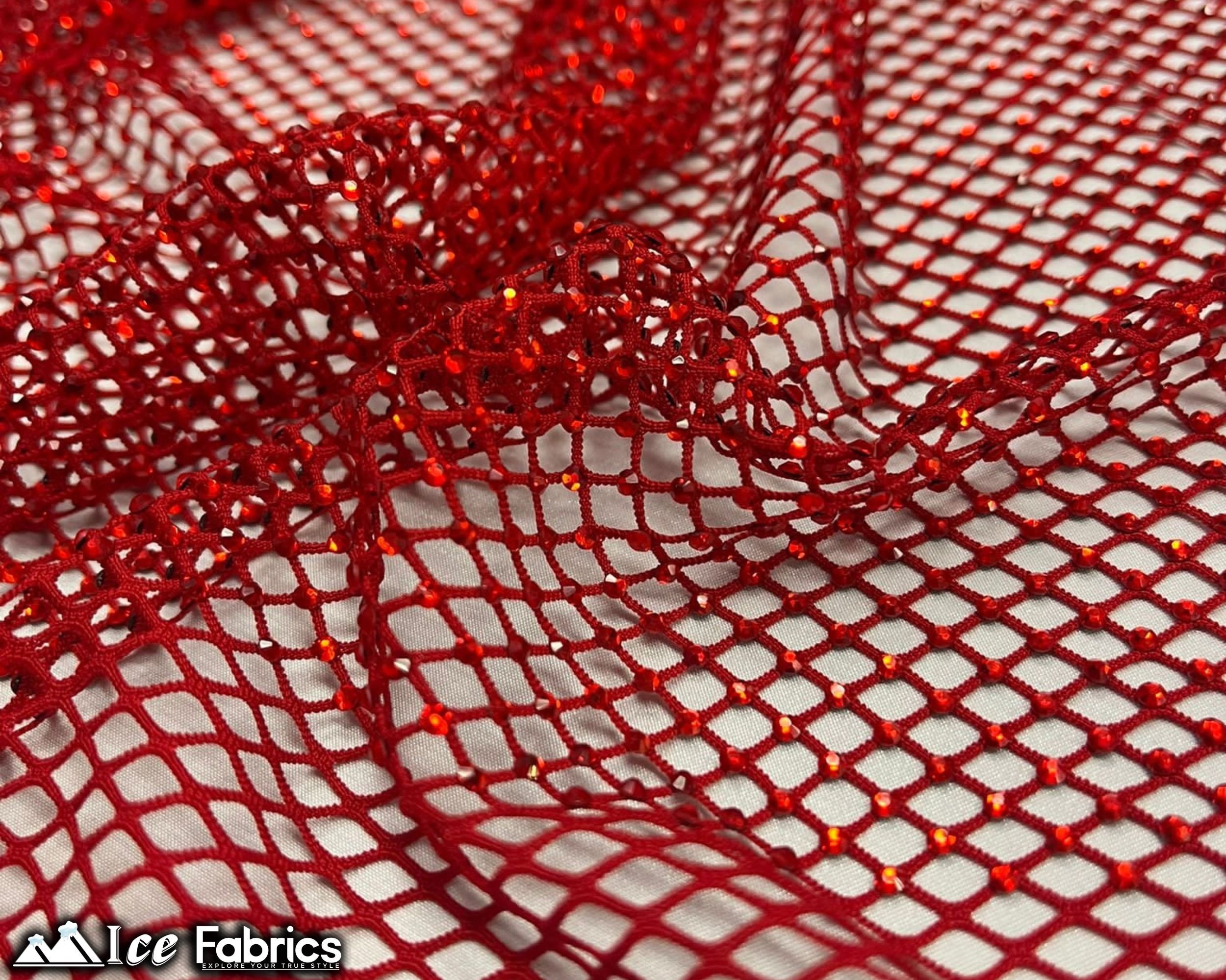 Buy Red Crystal 4 Way Stretch Beaded Fabric on Fish Net Fabric by