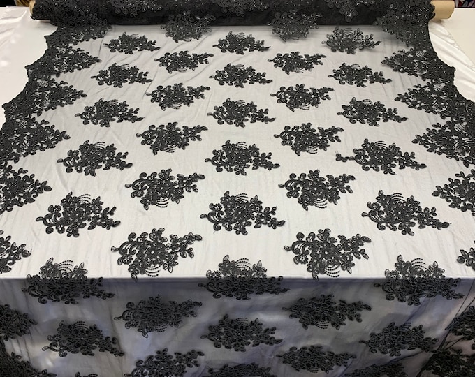 Embroidered Mesh lace Floral Design (Black Color)Fabric With Sequins By The Yard. For Tablecloths/Runners/Skirts/Costume/Dresses/ Decoration