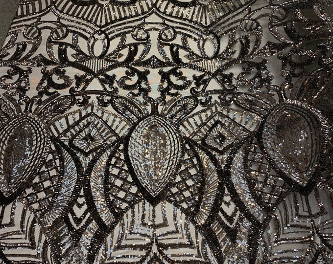 4 Way Stretch Shiny Sequins Geometric Design Iridescent Black Color Embroidered Mesh Lace Fabric By The Yard/ gowns/Prom dress/Tablecloths