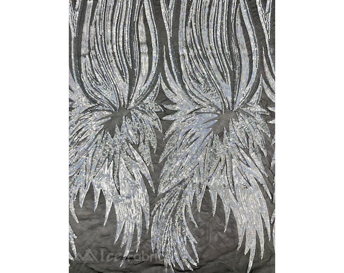 Gorgeous Stretch Sequin Fabric Iridescent Silver By The Yard | Embroidered Lace Fabric on power mesh Spandex Fabric | for wedding dress
