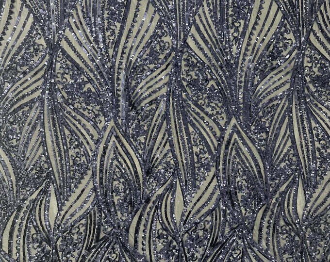 Navy Blue Damask Stretch Sequin Fabric By The Yards (MT) Embroidery Sequin Mesh Fabric Prom Dress Fabric
