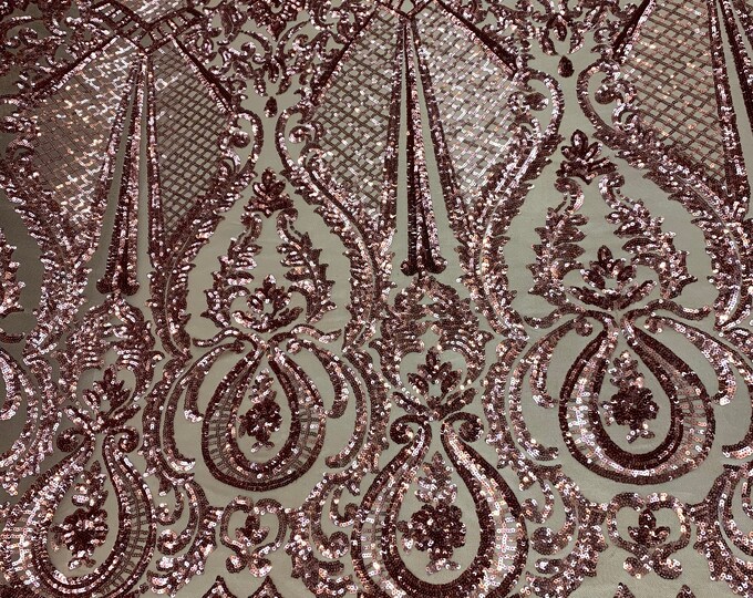 BY THE YARD/ Geometric Design Mesh Lace Fabric Sequins 4 Way Stretch On A Rose Mesh/Shiny Sequins Embroider (Dusty Rose) Prom/Gowns Dress