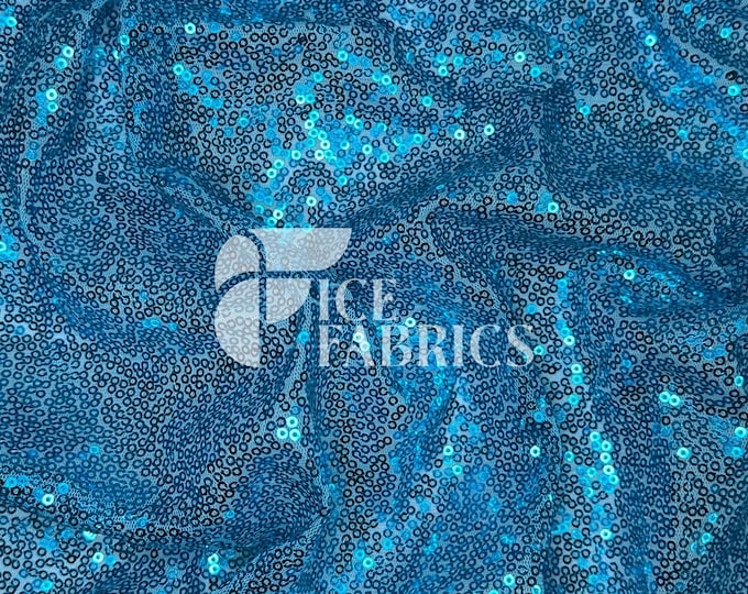 Turquoise All-Over Mesh Sequins Fabric by The Yard - 48" Wide Shiny 3mm Mini Sequin Fabric on Mesh for Apparel and Decor - Ice Fabrics