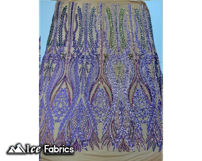 Lucy Damask Sequin Fabric By The Yard | Iridescent Lavender on Nude Mesh on 4 Way Stretch Mesh Fabric