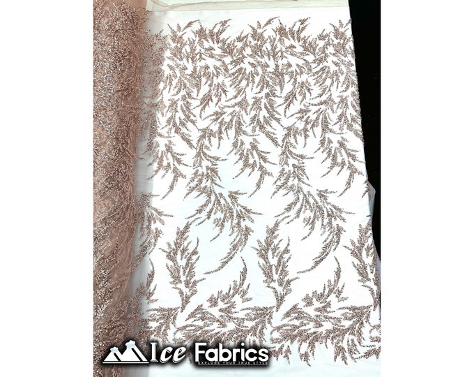 Modern Floral Hand Beading Lace Fabric | By The Yard | Rose Gold Beads with Sequin on Mesh Fabric