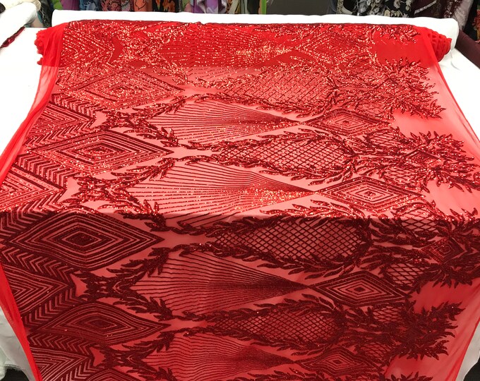 Red Luxury Sequins High Quality 4 Way Stretch Sequins Embroidery Fabric on A Mesh Lace By The Yard. Wedding Prom Dress, Tablecloths.