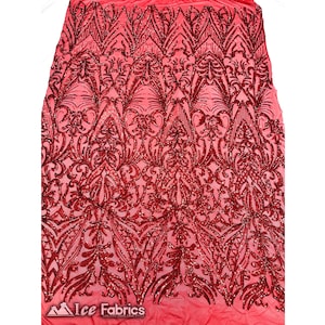 New Embroidery Red Sequin Fabric By The Yard | 4 Way Stretch Mesh Fabric Spandex Geometric Fabric | for Prom Dress