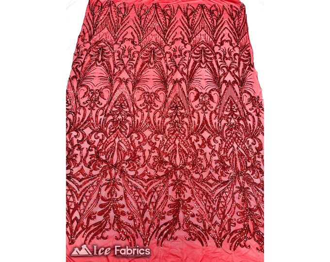 New Embroidery Red Sequin Fabric By The Yard | 4 Way Stretch Mesh Fabric Spandex Geometric Fabric | for Prom Dress
