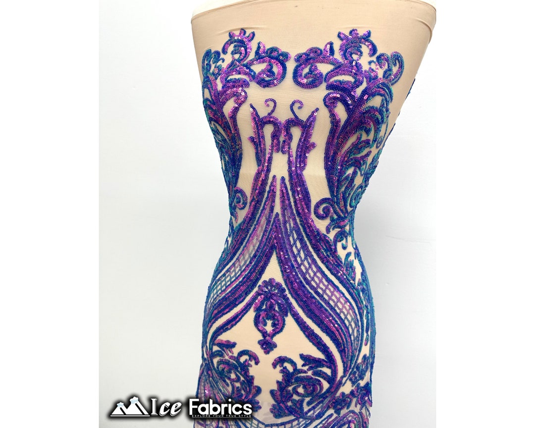 Iridescent Lavender Damask Sequin Fabric by the Yard Nude Mesh 4 Way